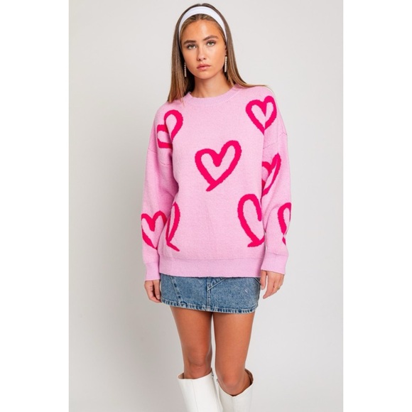 Le Lis Pink Heart Patterned Oversized Sweater - Picture 3 of 7